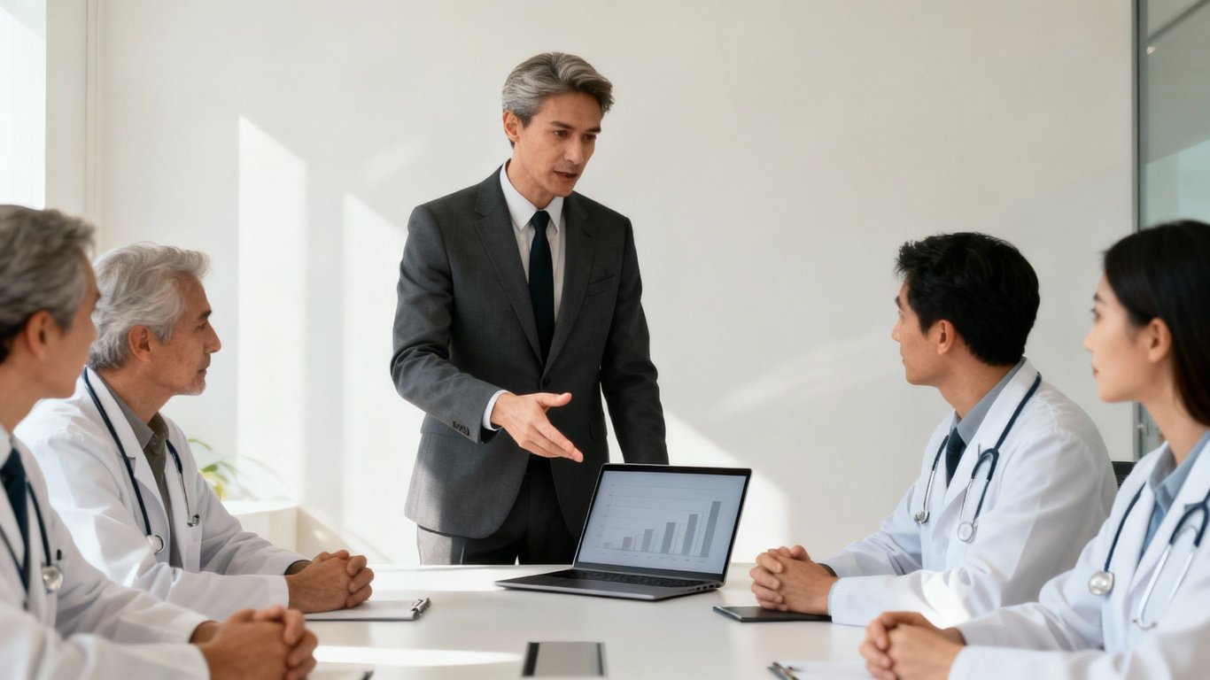 A pharmaceutical representative presents data on a laptop to a group of doctors in a meeting.