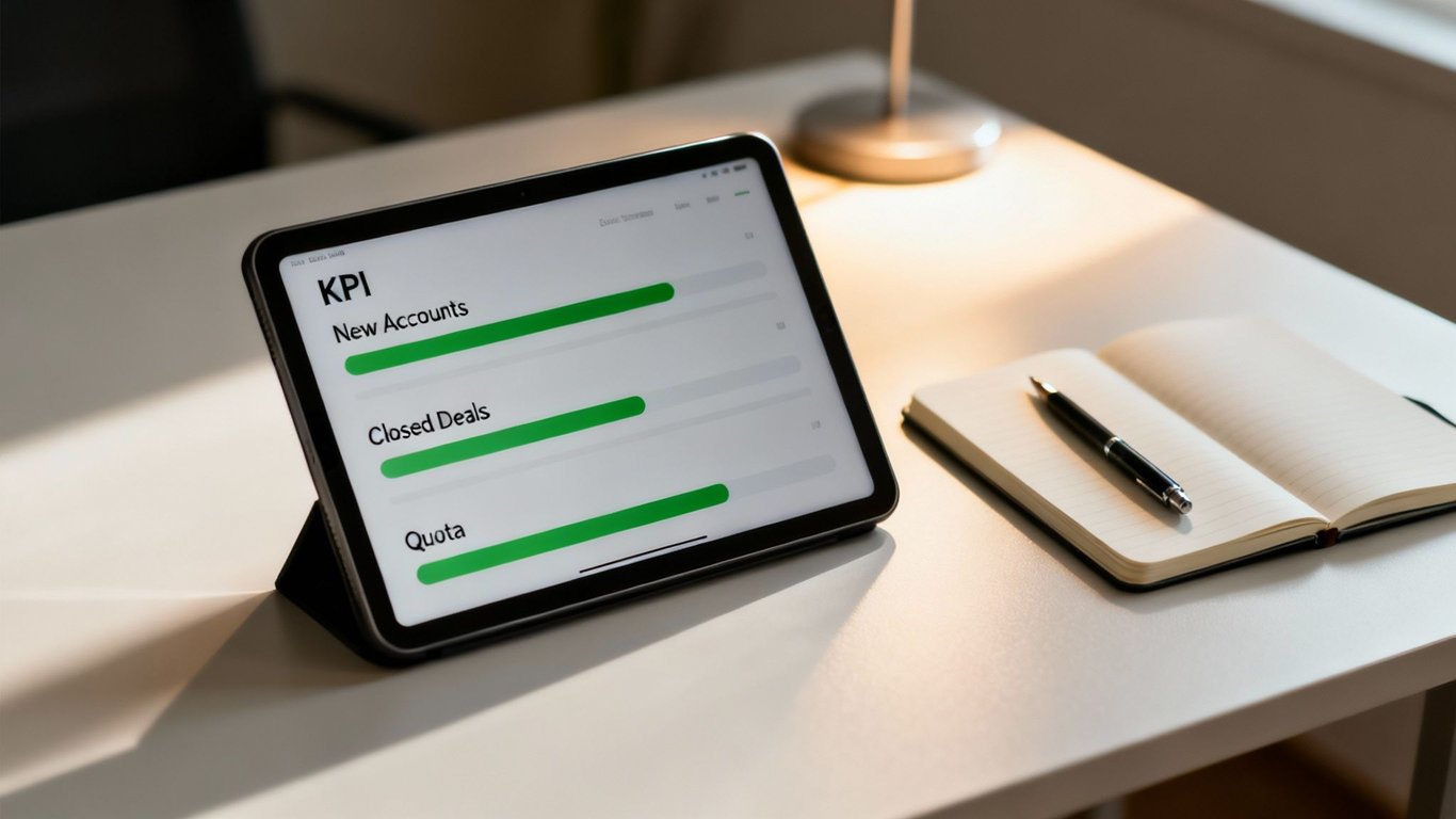 A tablet displaying sales KPIs (Key Performance Indicators) on a desk with a notebook and pen.
