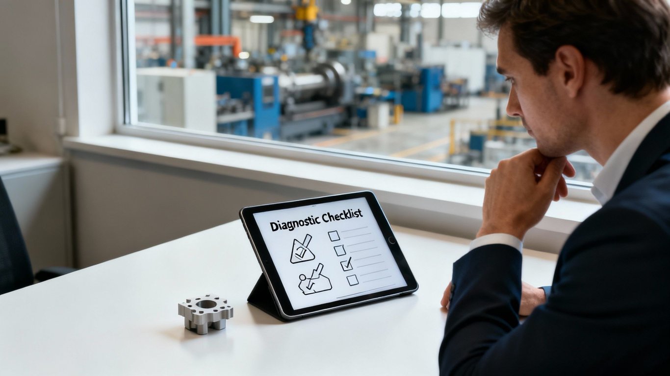 A man reviews a diagnostic checklist on a tablet, overseeing a factory floor from an office.
