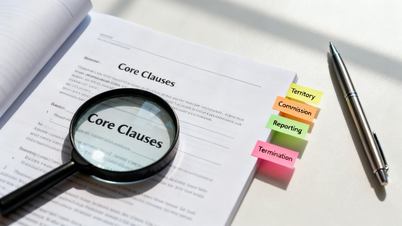 A document titled 'Core Clauses' with a magnifying glass and sticky notes for contract terms.