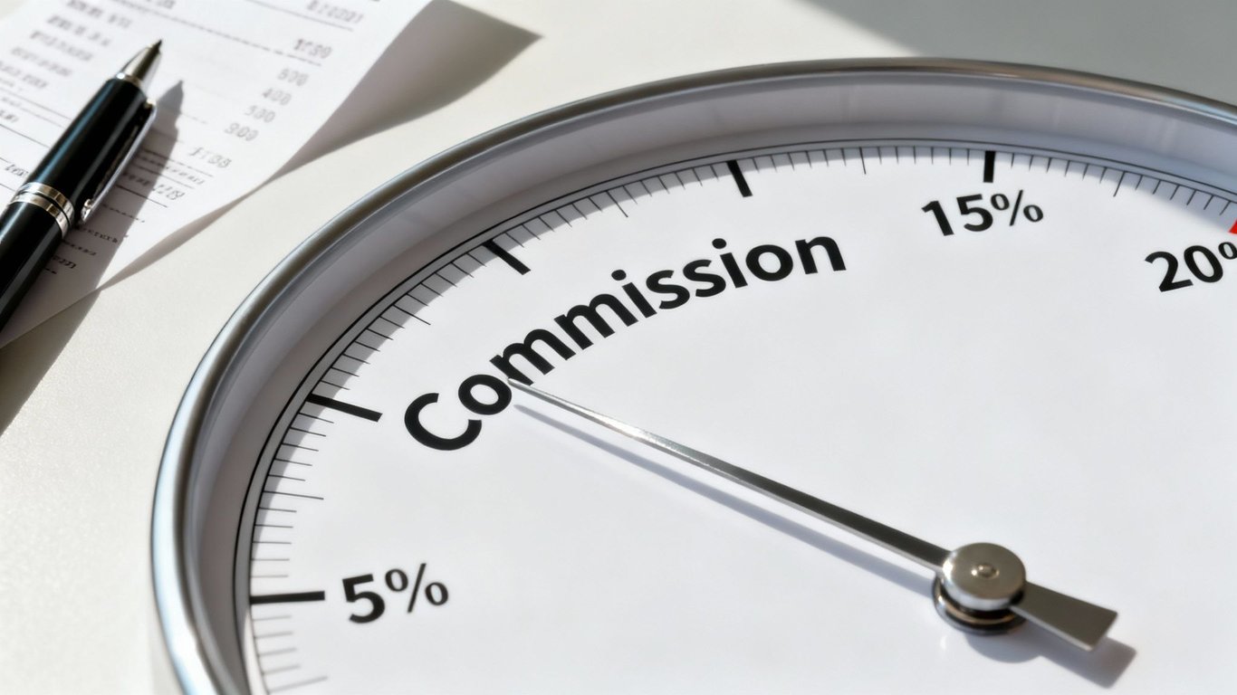 A close-up of a commission dial with percentages, a pen, and paper, representing sales calculations.