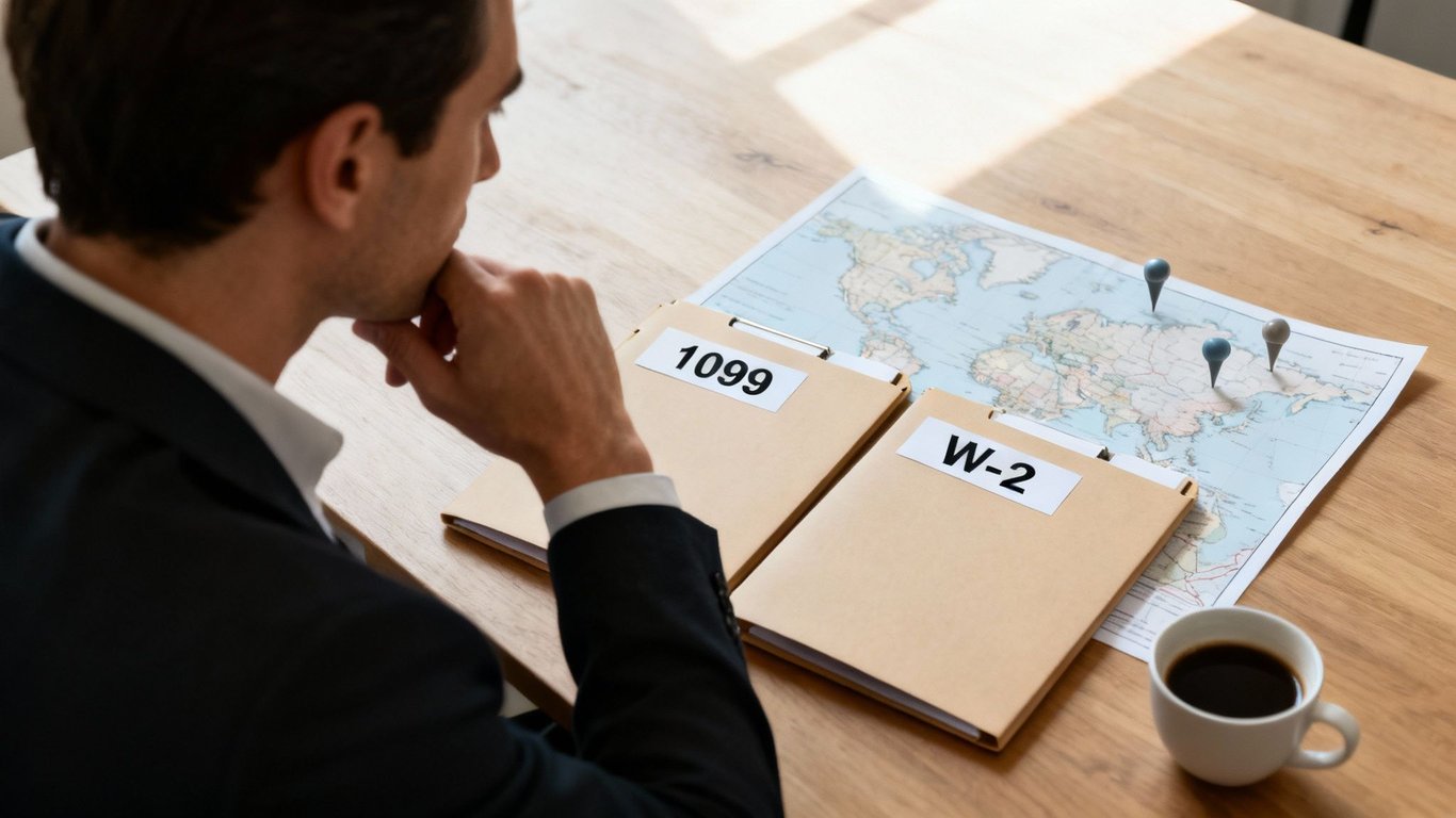 Man reviewing 1099 and W-2 tax forms with a world map and coffee.
