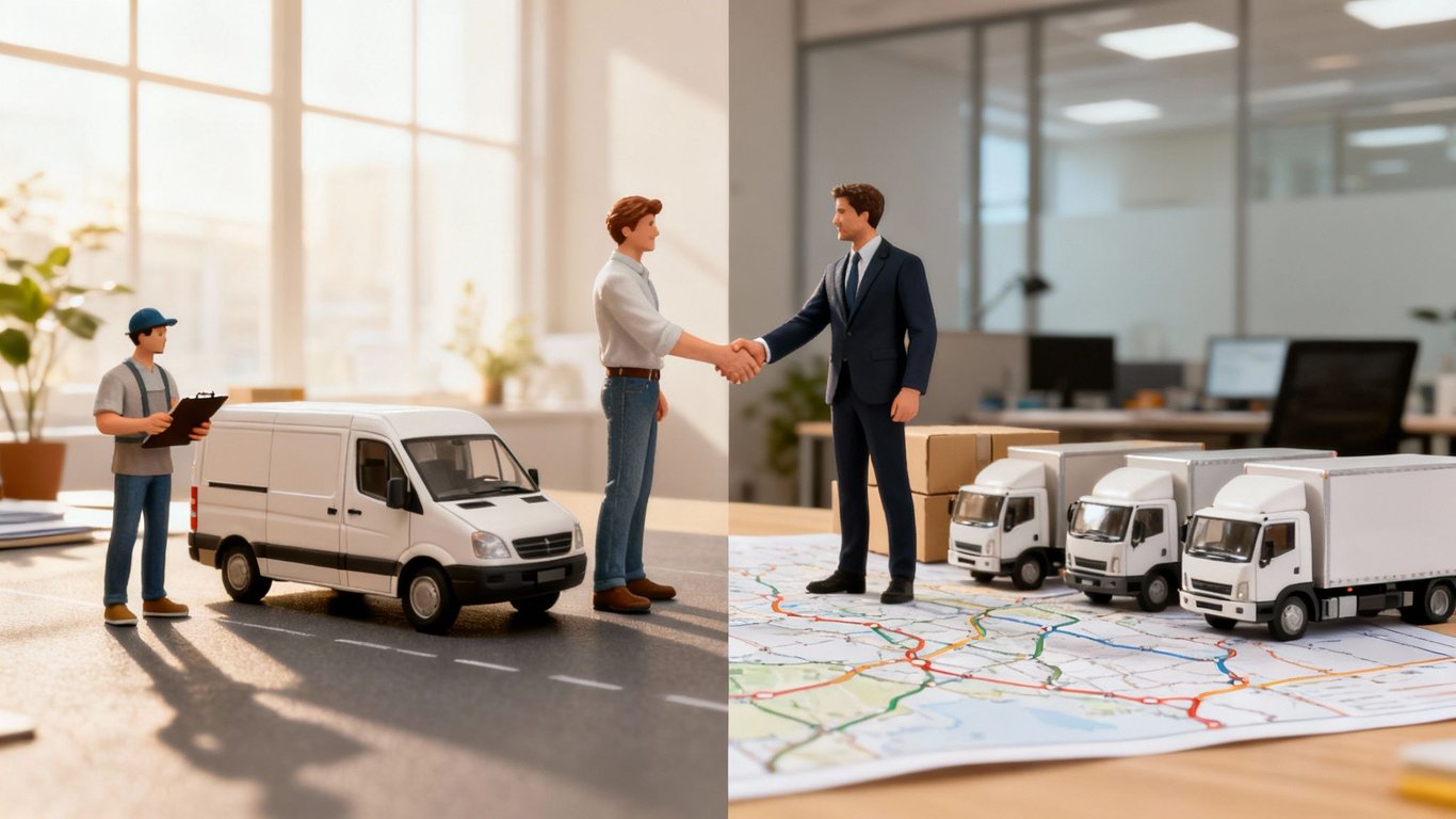 Miniature figures depict a business handshake and logistics operations with delivery vans and trucks on a map.
