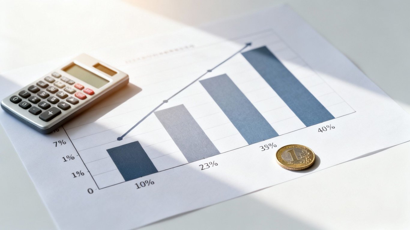 A calculator, a bar graph showing percentages, and a 1 Euro coin, symbolizing financial analysis and growth.