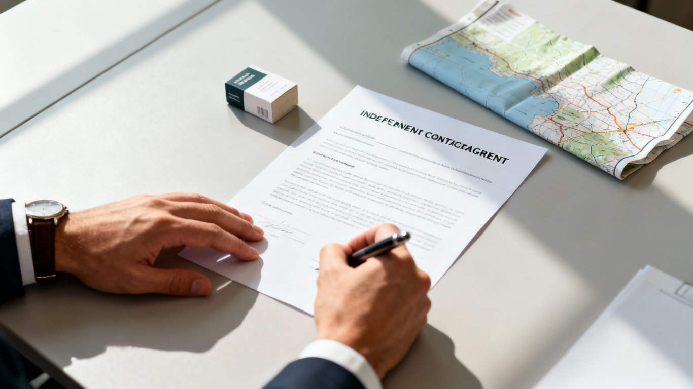 A person in a suit signs an independent contract agreement on a desk with a map and business cards.
