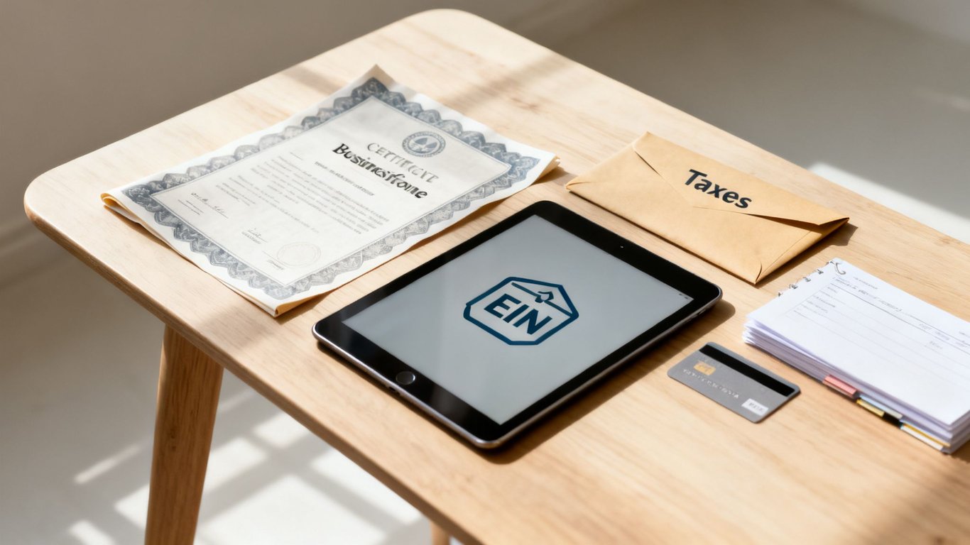 A wooden desk with business documents, a tablet displaying an EIN logo, and an envelope labeled 'Taxes'.