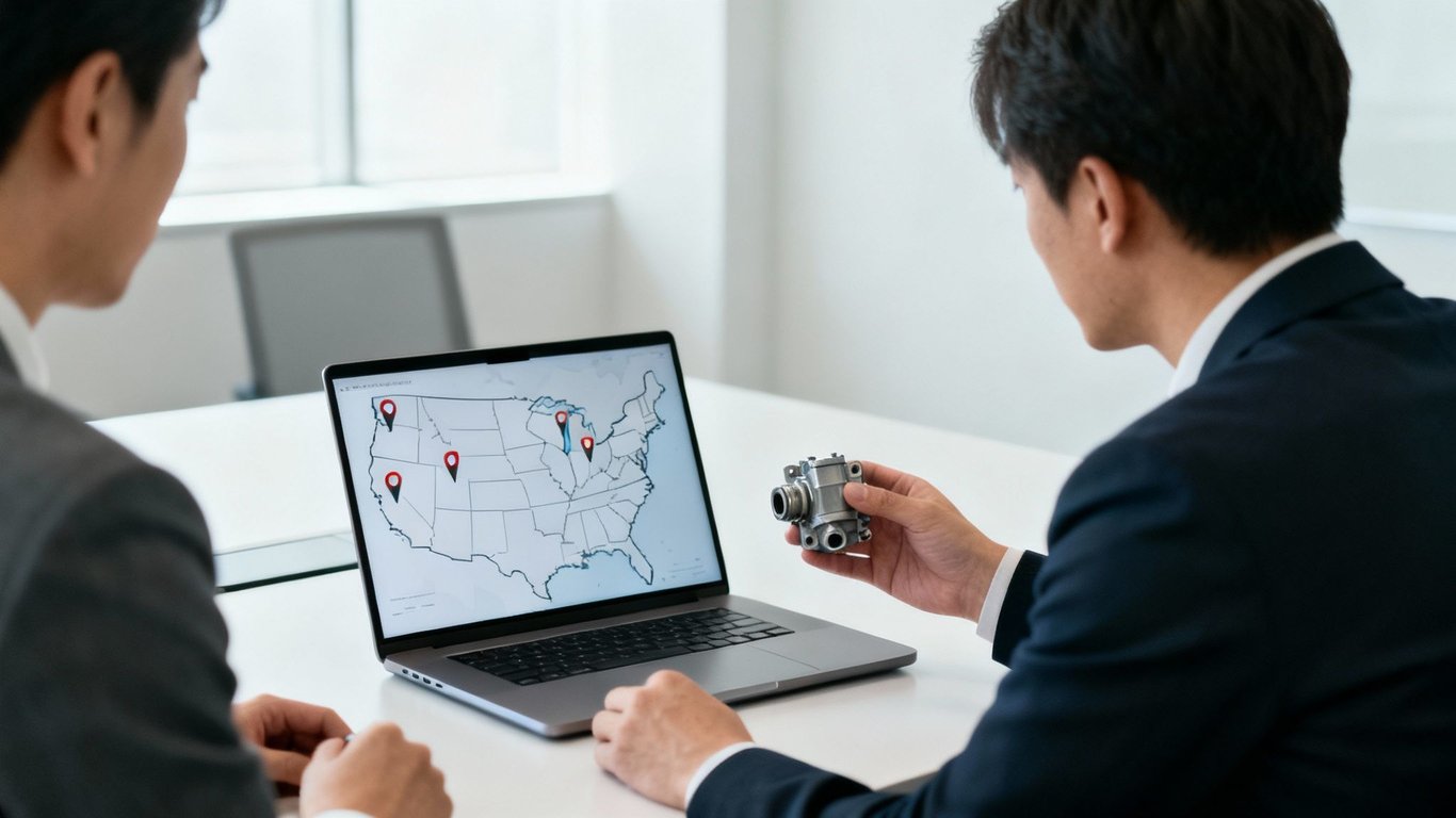 Two professionals discussing a mechanical part, reviewing a US map with location pins on a laptop.