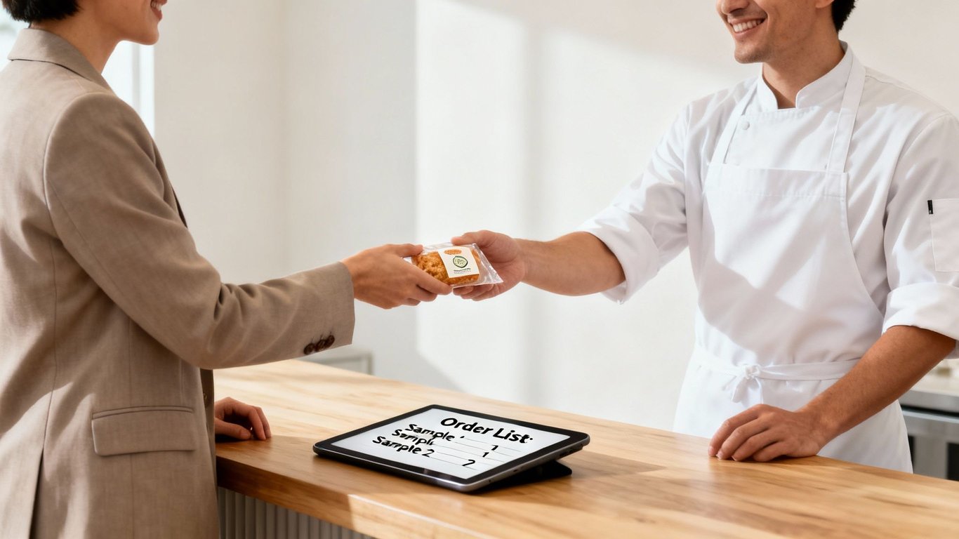 A smiling chef hands a packaged food item to a businesswoman, with a tablet displaying an order list on the counter.