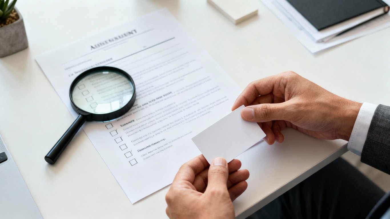 A professional holds a blank business card, with a contract document and magnifying glass on the desk.