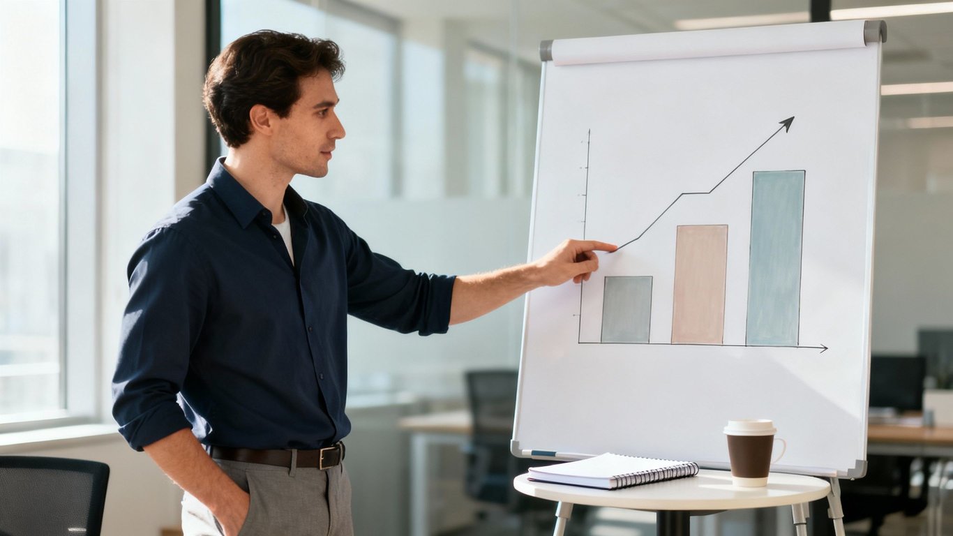 A professional man in a blue shirt presents an upward trending growth chart on a whiteboard in an office.