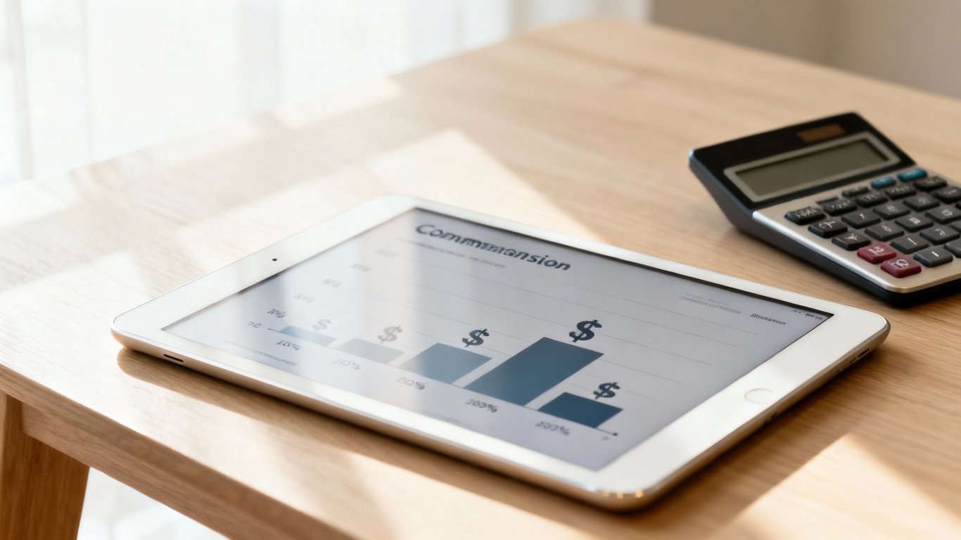 A tablet displays a commission chart with dollar signs, next to a calculator on a wooden table.