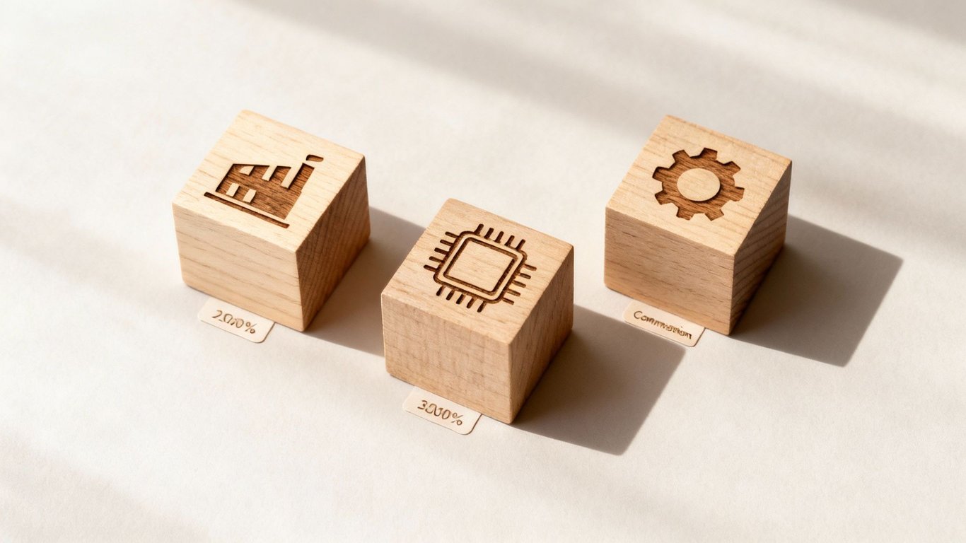 Three wooden blocks with business icons (factory, chip, gear) show sales performance metrics.