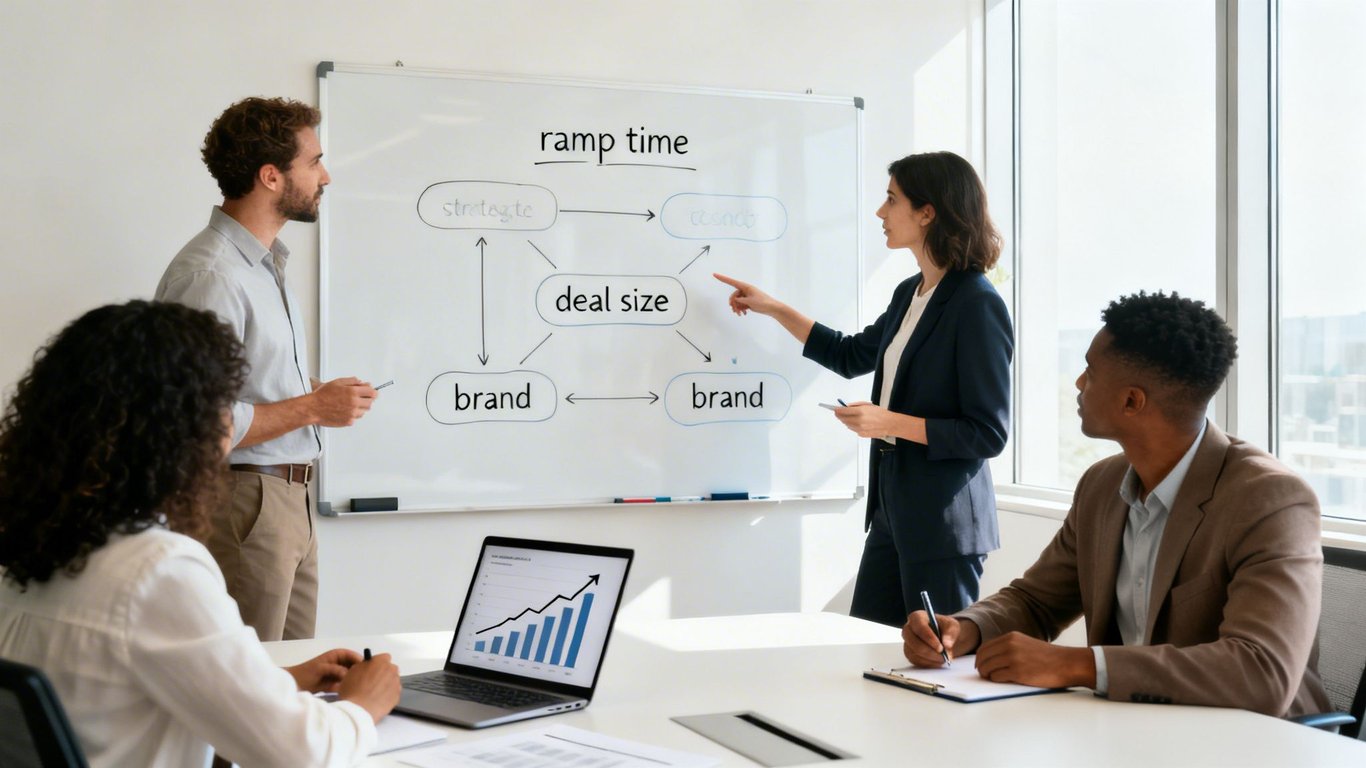 Four professionals discuss a 'ramp time' diagram on a whiteboard in a modern office.