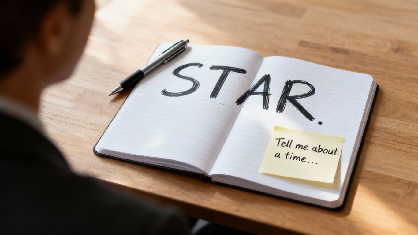 A person views a notebook with 'STAR' method written and a sticky note for interview preparation.