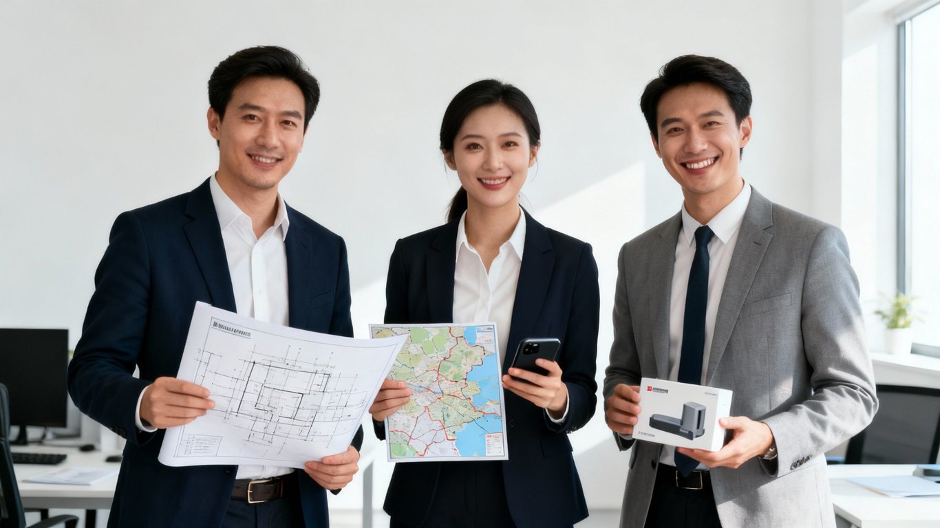 Three smiling Asian business professionals in suits in an office, holding blueprints, a map, and a product box.
