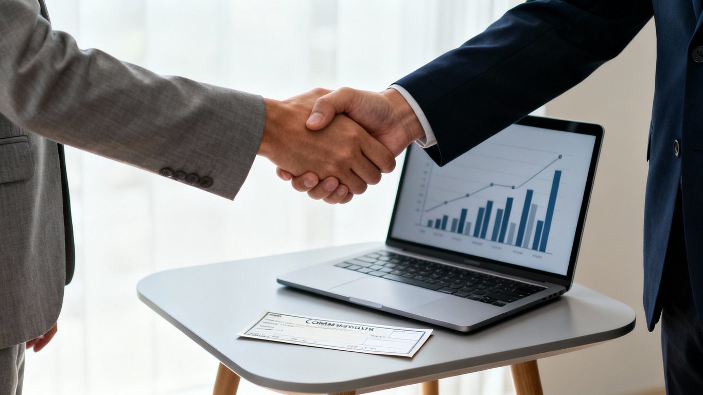 Two business professionals shaking hands over a laptop displaying a growth chart and a payment check.