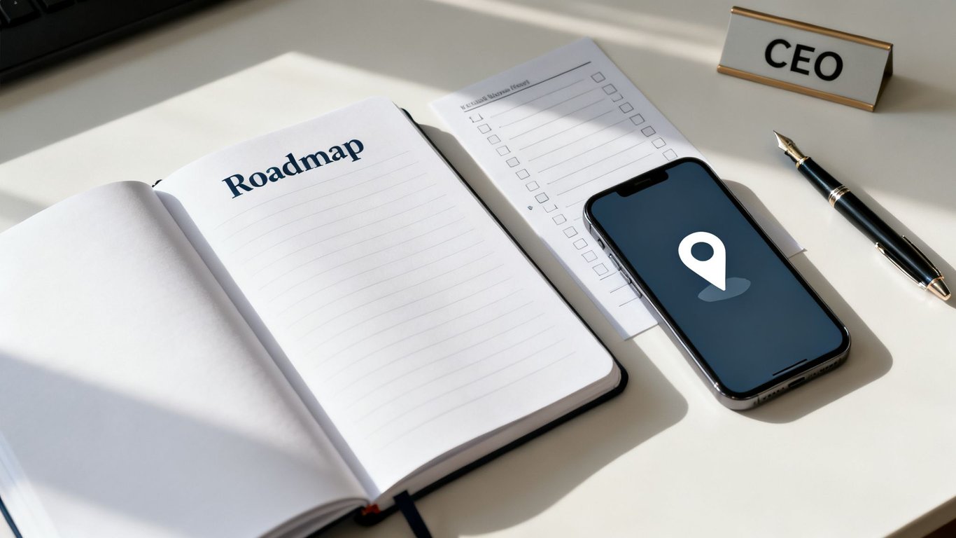 An open notebook displays 'Roadmap' alongside a smartphone with a location pin and a 'CEO' sign on a desk.