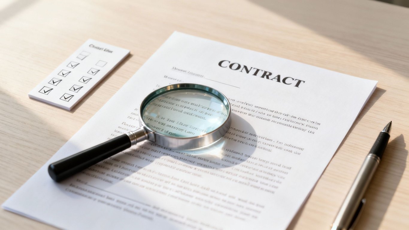 Magnifying glass on a contract document next to a completed checklist, signifying careful review.