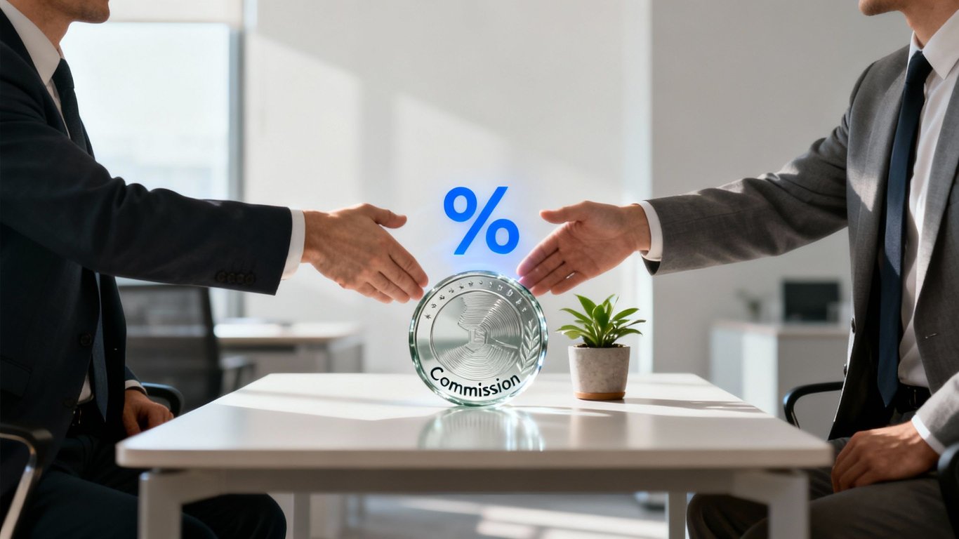 Businessmen negotiate a deal with a glowing commission percentage symbol and coin between their hands.