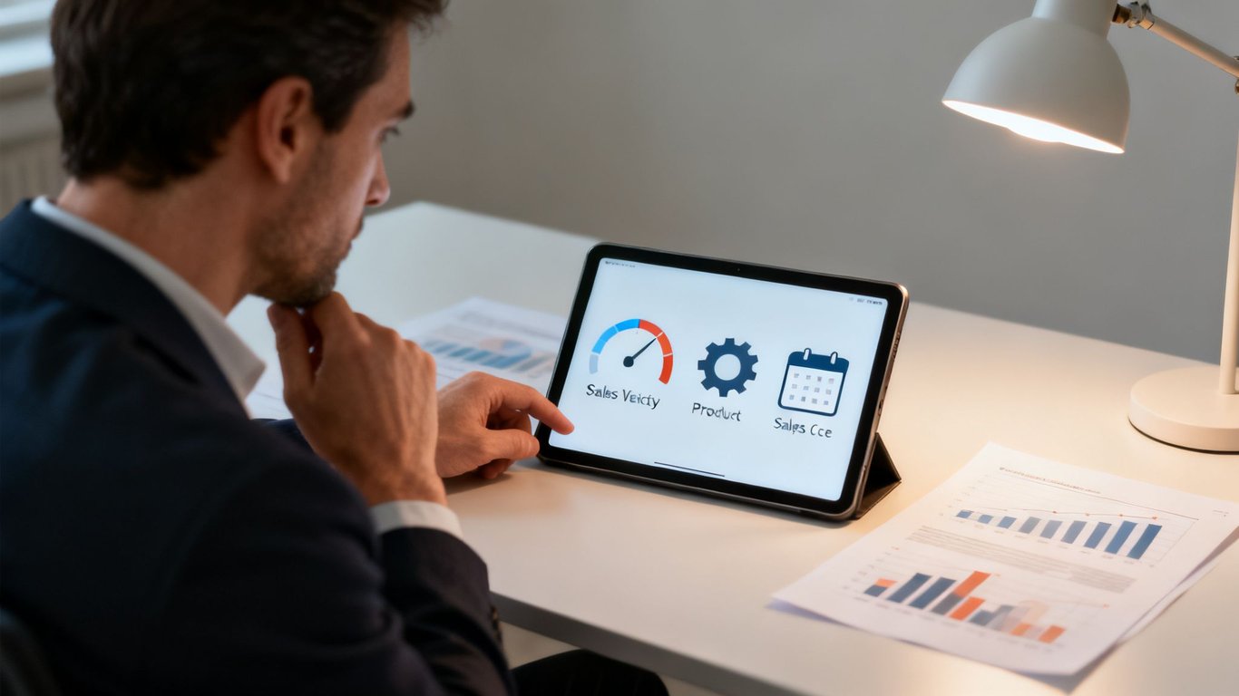 A man in a suit analyzes sales velocity and product metrics on a tablet at a desk.