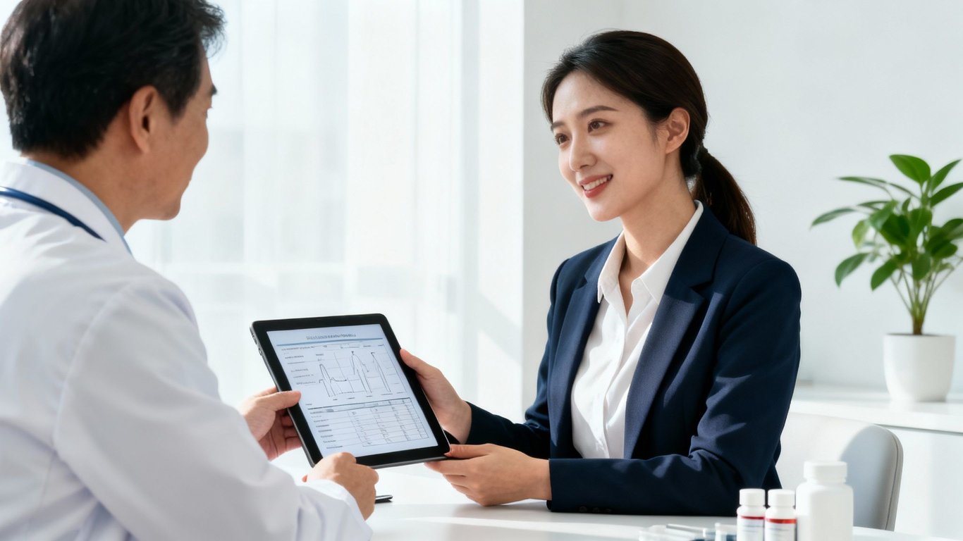 Asian businesswoman presents medical data on a tablet to a doctor in a white coat.