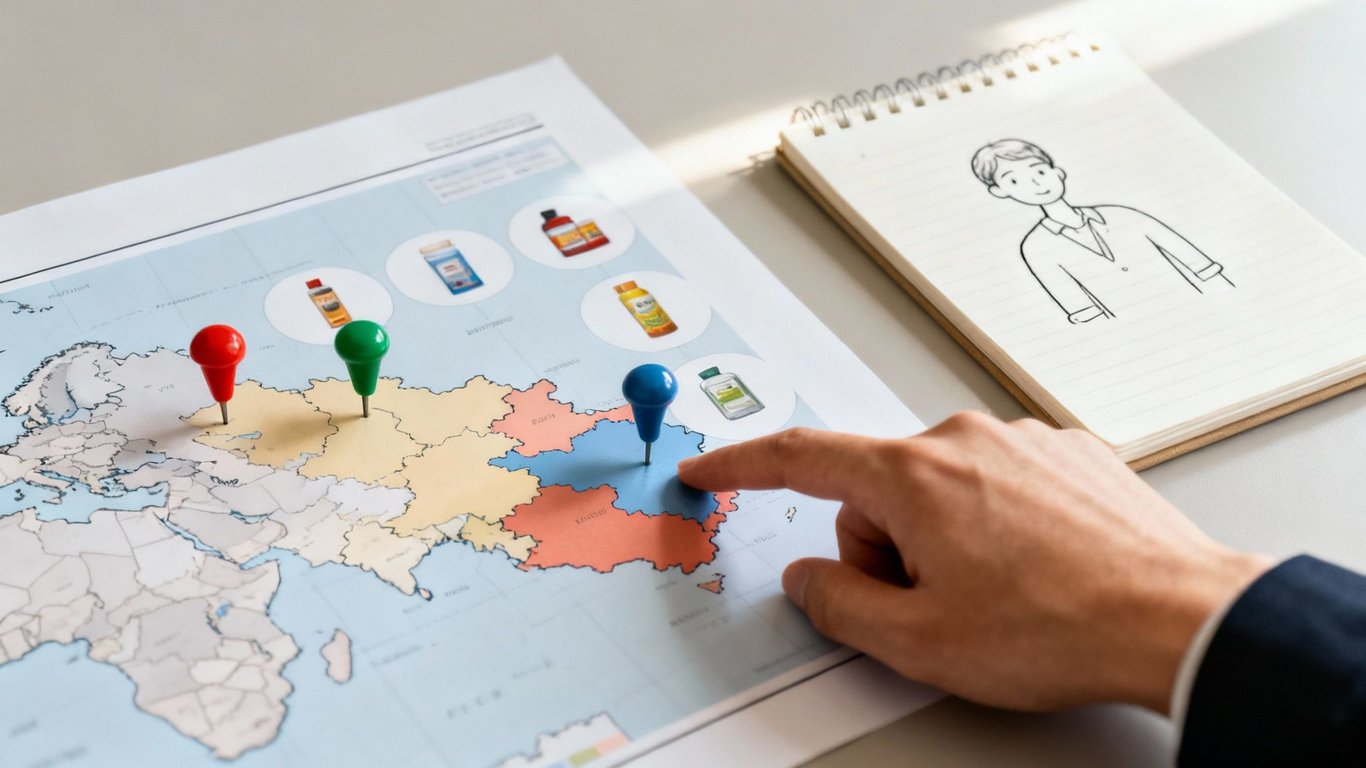 A person's hand points to a location on a world map adorned with colorful pushpins and product images.