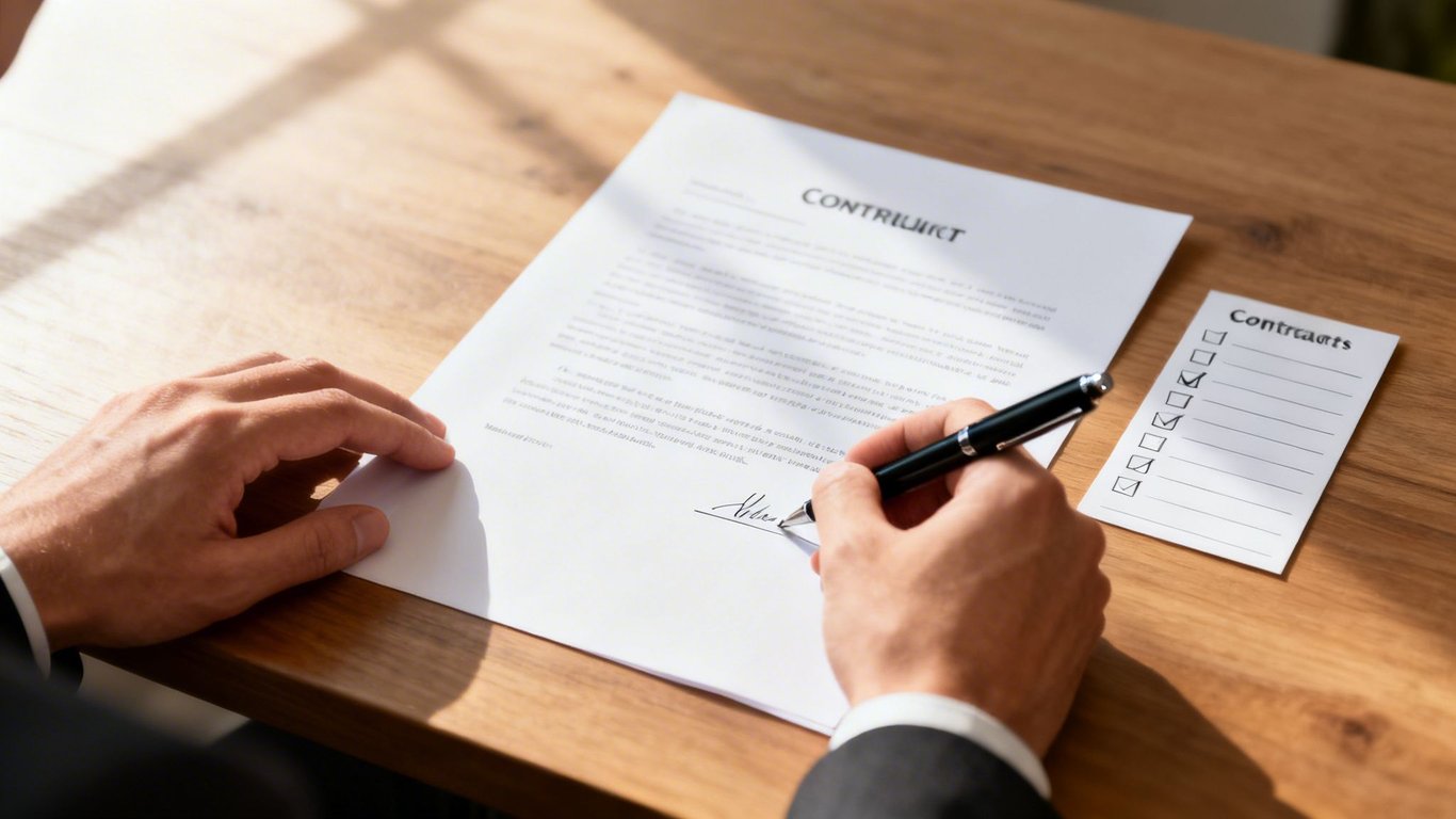 Close-up of a person in a suit signing a contract document with a pen on a wooden desk, next to a checklist.