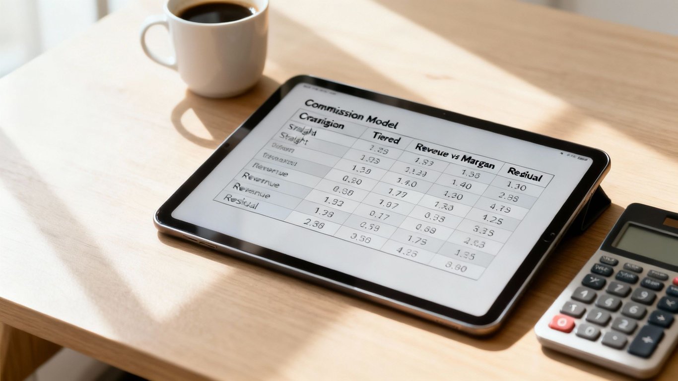 A tablet on a wooden desk displays a sales commission model table with financial data and a calculator.