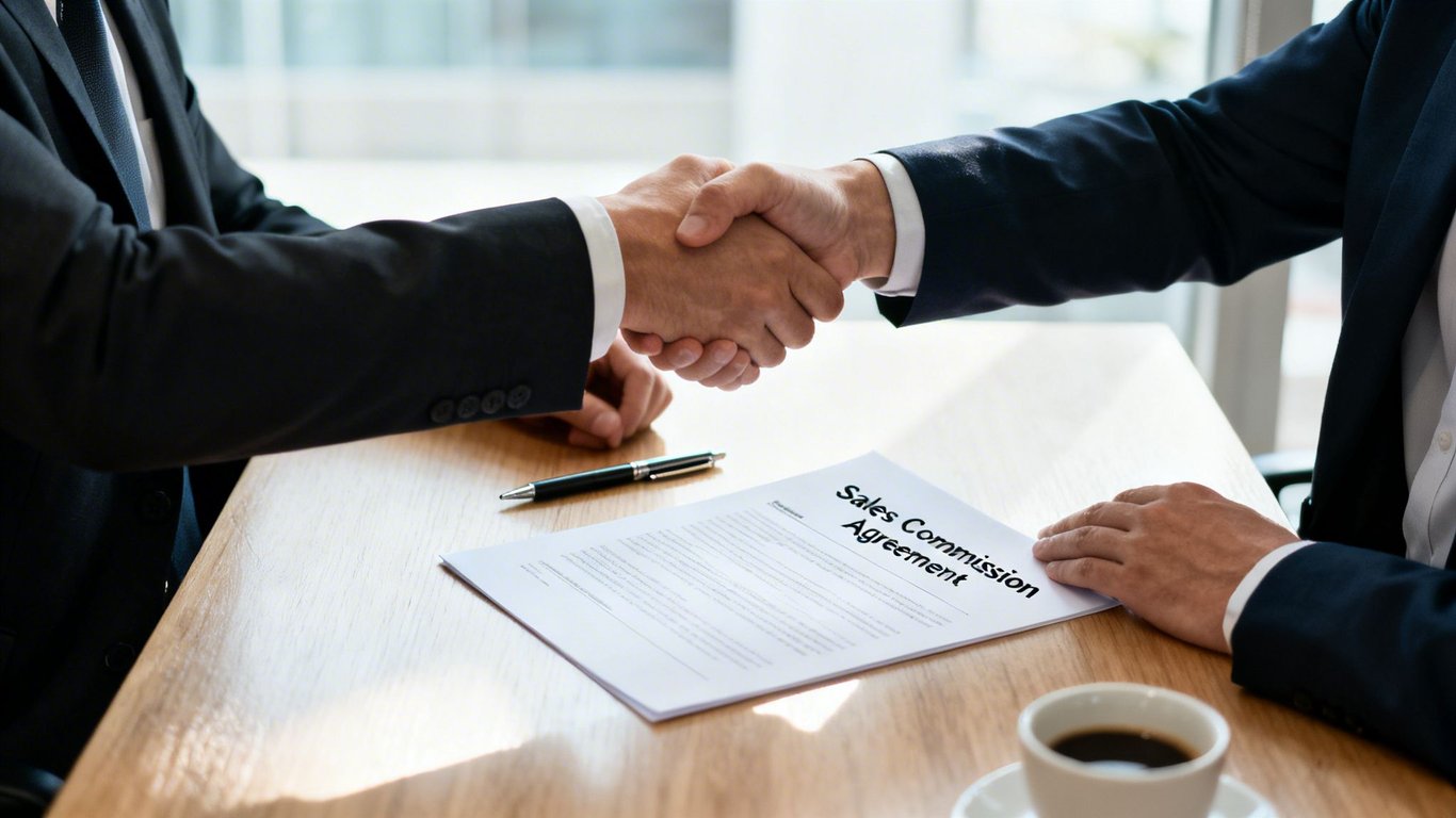 Two businessmen shake hands over a sales commission agreement on a wooden table, sealing a deal.