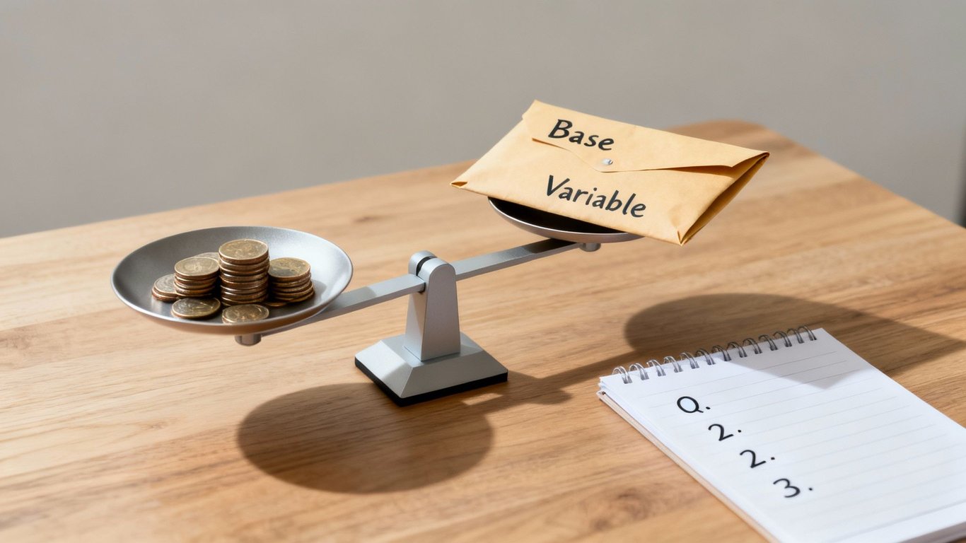 A scale balances stacks of gold coins against an envelope labeled "Base Variable" on a wooden desk.