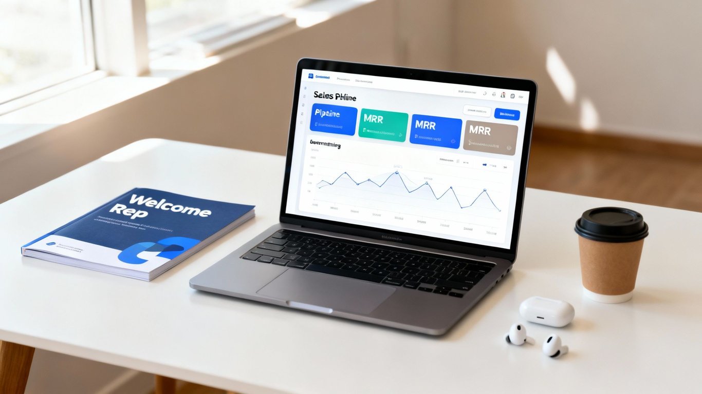 A laptop displays a sales dashboard with pipeline and MRR data, next to a Welcome Rep book.
