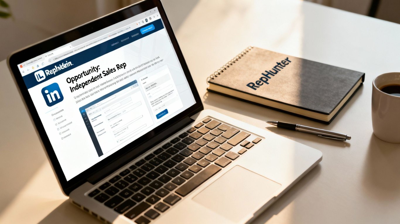 Laptop screen shows a LinkedIn job for an independent sales rep, next to a RepHunter notebook and coffee.