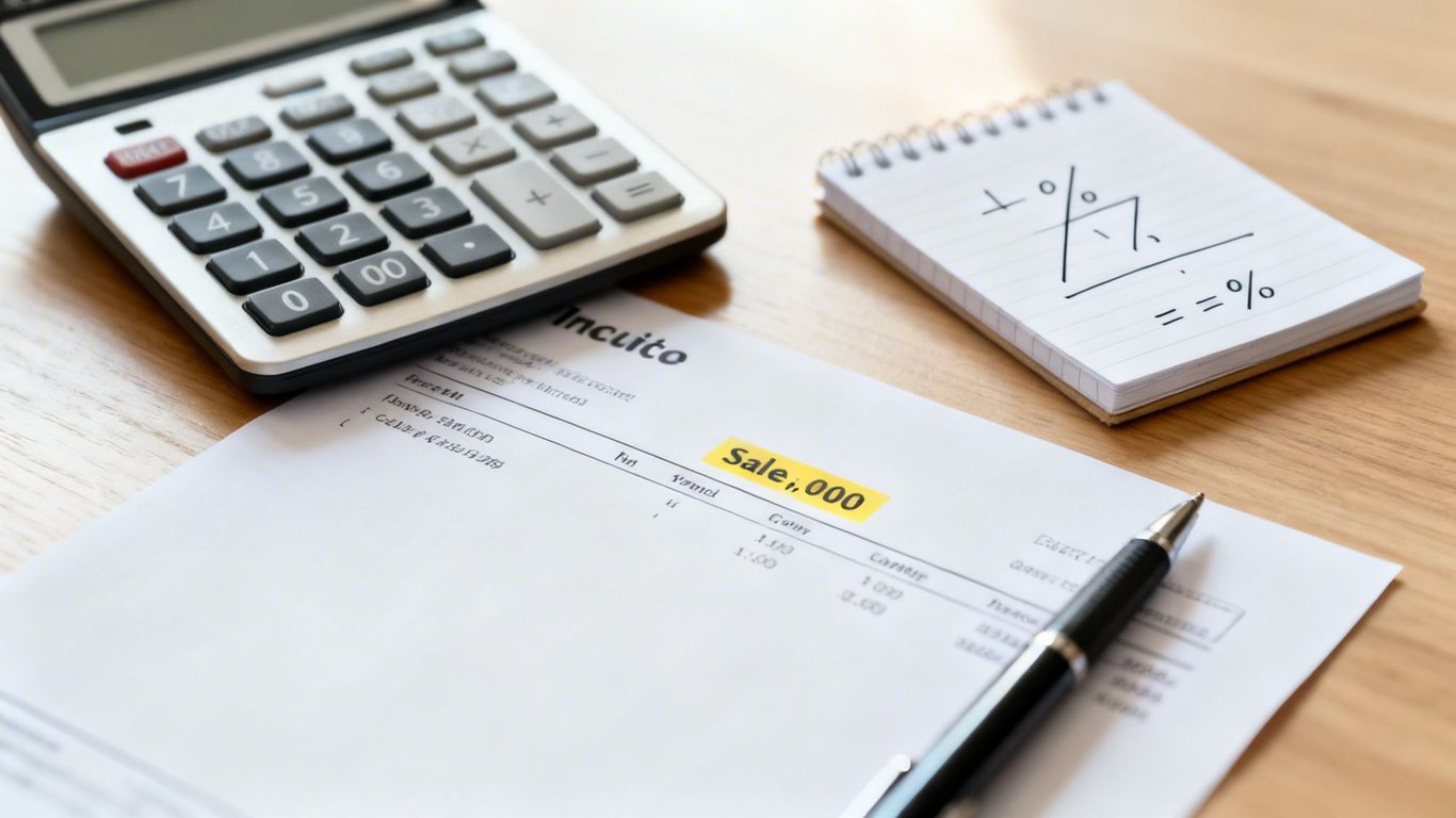 A calculator, a sales document, a pen, and a notepad with percentage equations on a wooden desk.