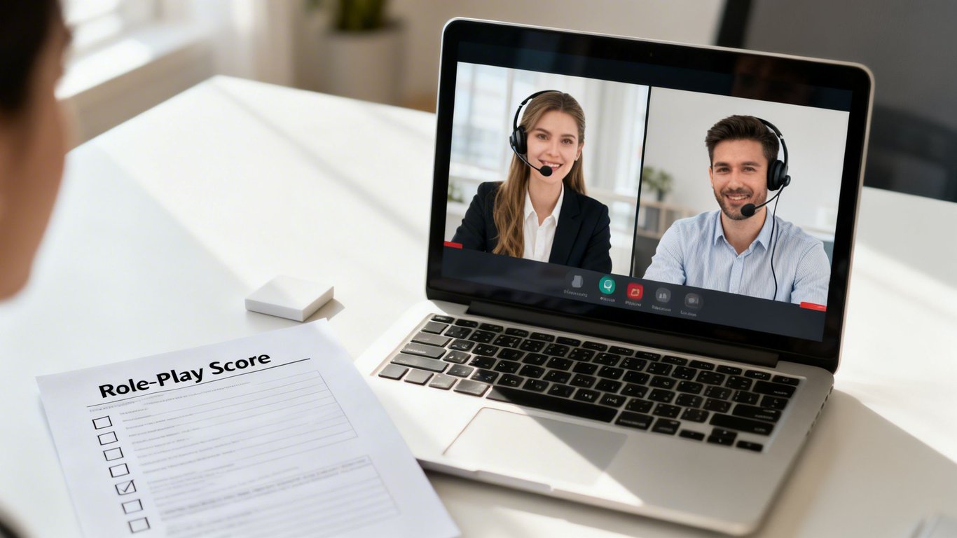 A person views a laptop showing a video call with two smiling people in headsets, next to a 'Role-Play Score' sheet.