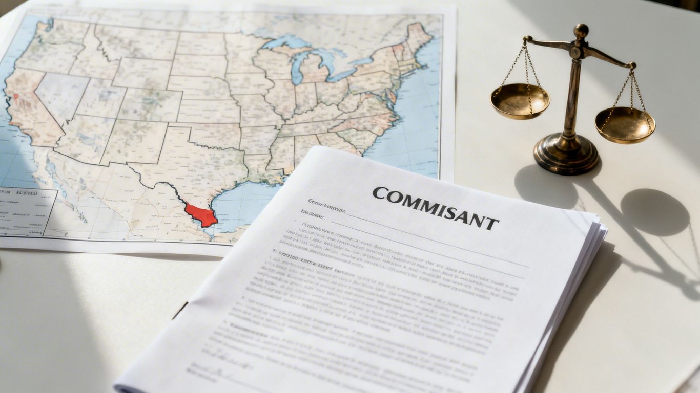 A legal document titled 'COMMISSANT' on a desk with a US map and scales of justice.