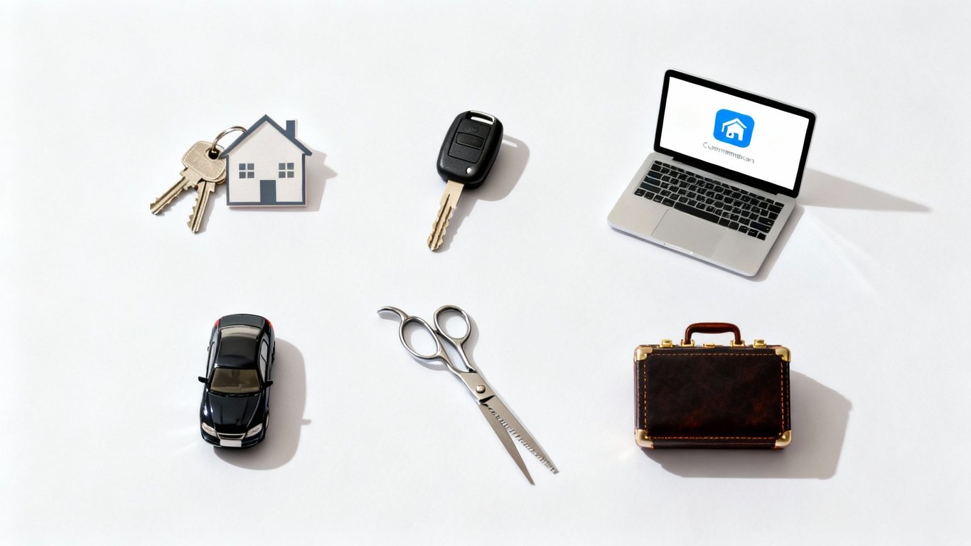 Flat lay of a house key, car key, laptop, toy car, scissors, and briefcase on white.