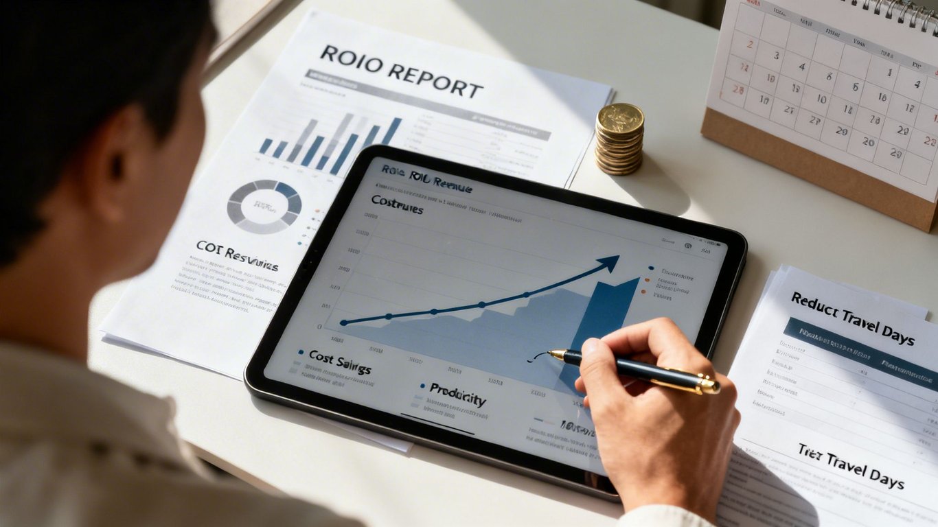 Overhead view of a person using a tablet to analyze ROI reports and financial data.
