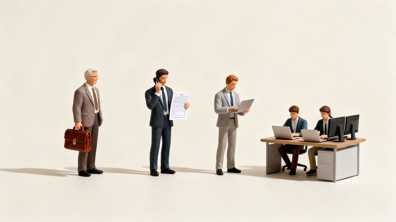 Miniature business people figures showcasing different work scenarios on a clean, light background.