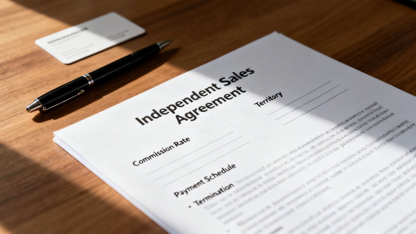 Close-up of an Independent Sales Agreement document, a pen, and a business card on a wooden desk.