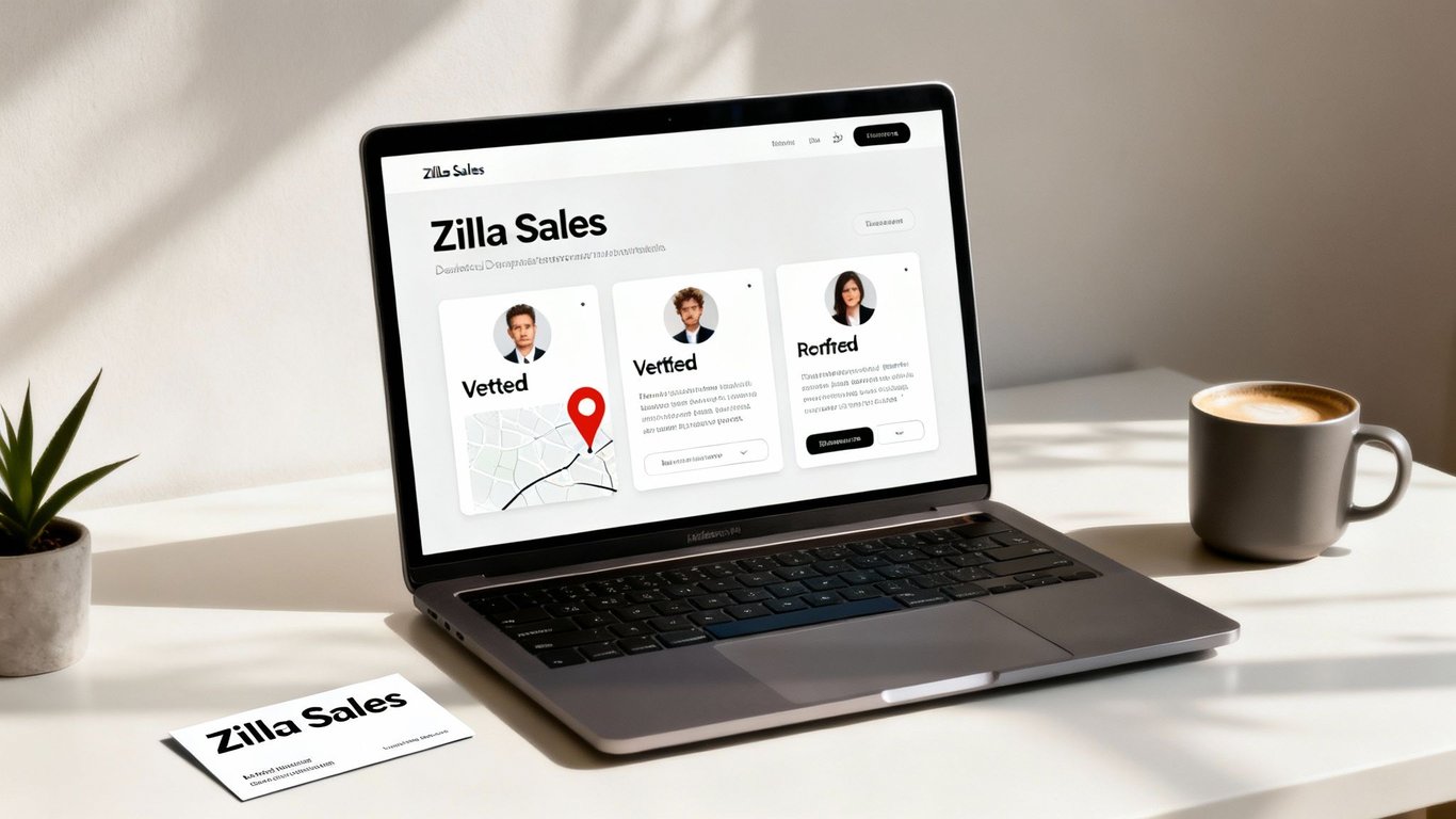 Laptop displaying Zilla Sales website with user profiles and a map, business card, plant, and coffee mug on a desk.