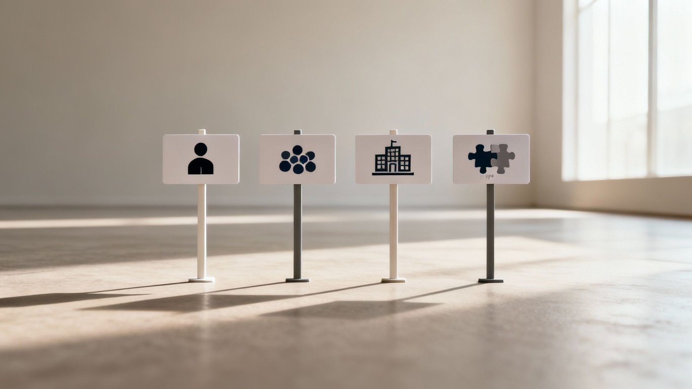 Four miniature signs displaying icons for individual, group, organization, and puzzle piece partnership.