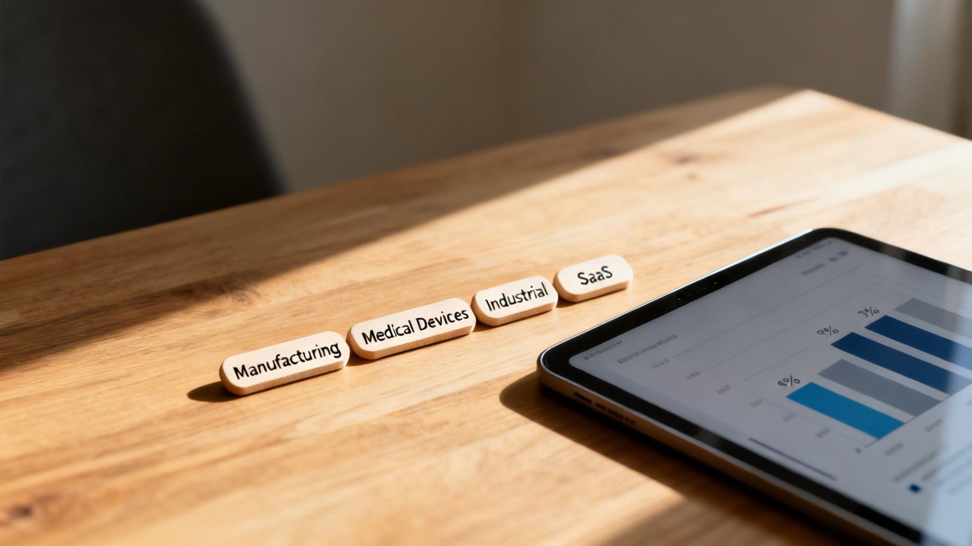 Wooden tiles 'Manufacturing', 'Medical Devices', 'Industrial', 'SaaS' next to a tablet showing a bar chart on a sunny wooden table.