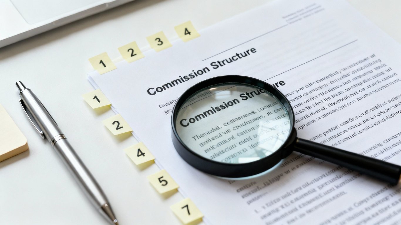 Magnifying glass on a 'Commission Structure' document, with a pen and numbered tabs, suggesting a financial review.