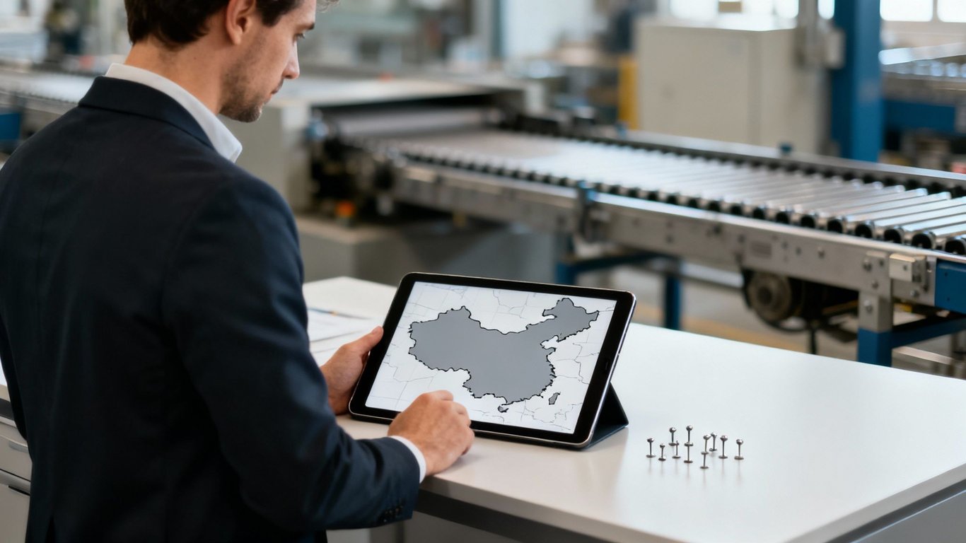 A businessman views a map of China on a tablet, with pins on a table and industrial equipment in the background.