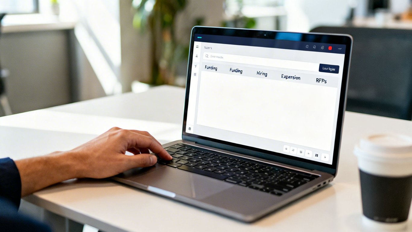 Hand typing on a laptop with a business application open, featuring categories like Funding and Hiring.