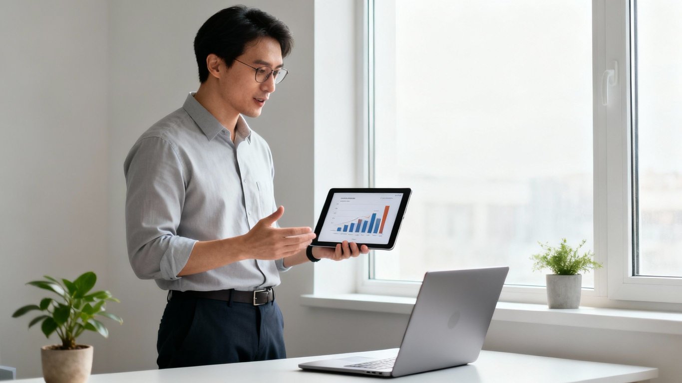 Young Asian man presenting business data on a tablet during an online video call.