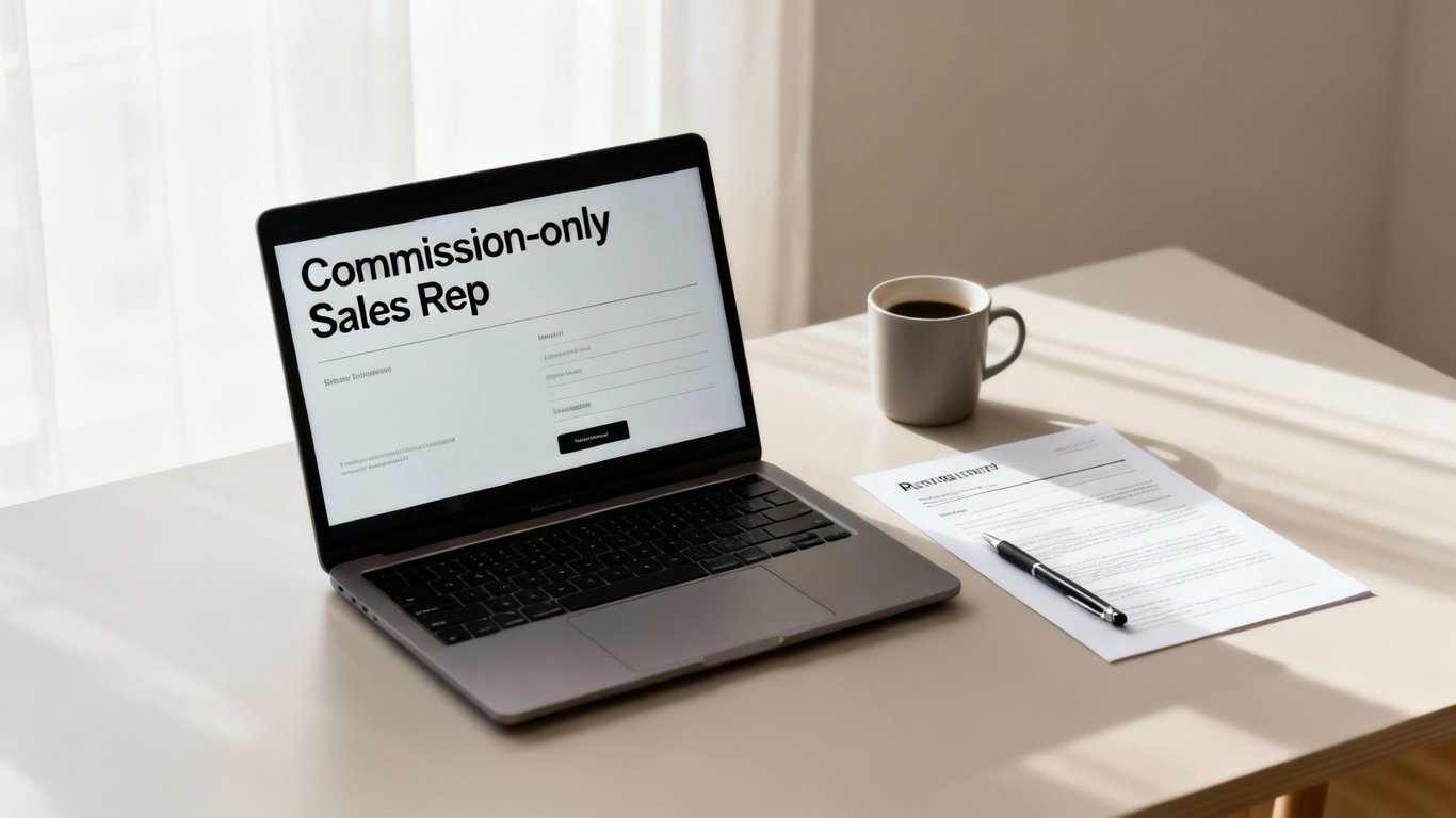 A laptop displaying a 'Commission-only Sales Rep' form, with a coffee mug and documents on a desk.