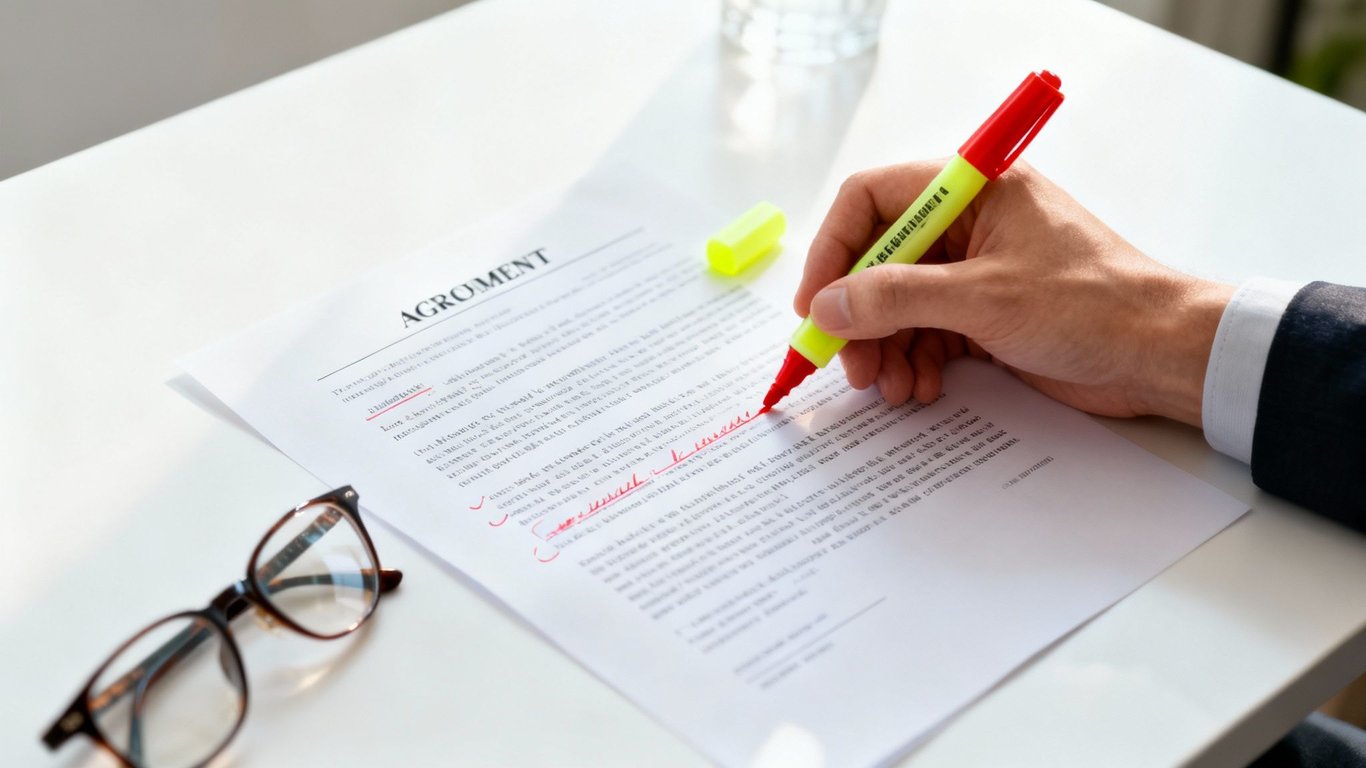 A hand highlights a document titled 'AGREEMENT' with a red marker, indicating important clauses, with reading glasses on the table.