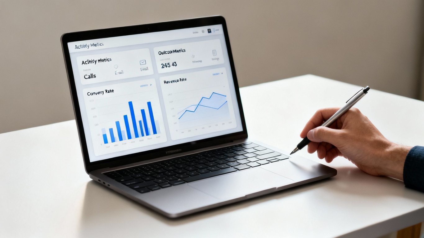 A person's hand with a pen pointing at a laptop screen showing a business analytics dashboard with charts and metrics.