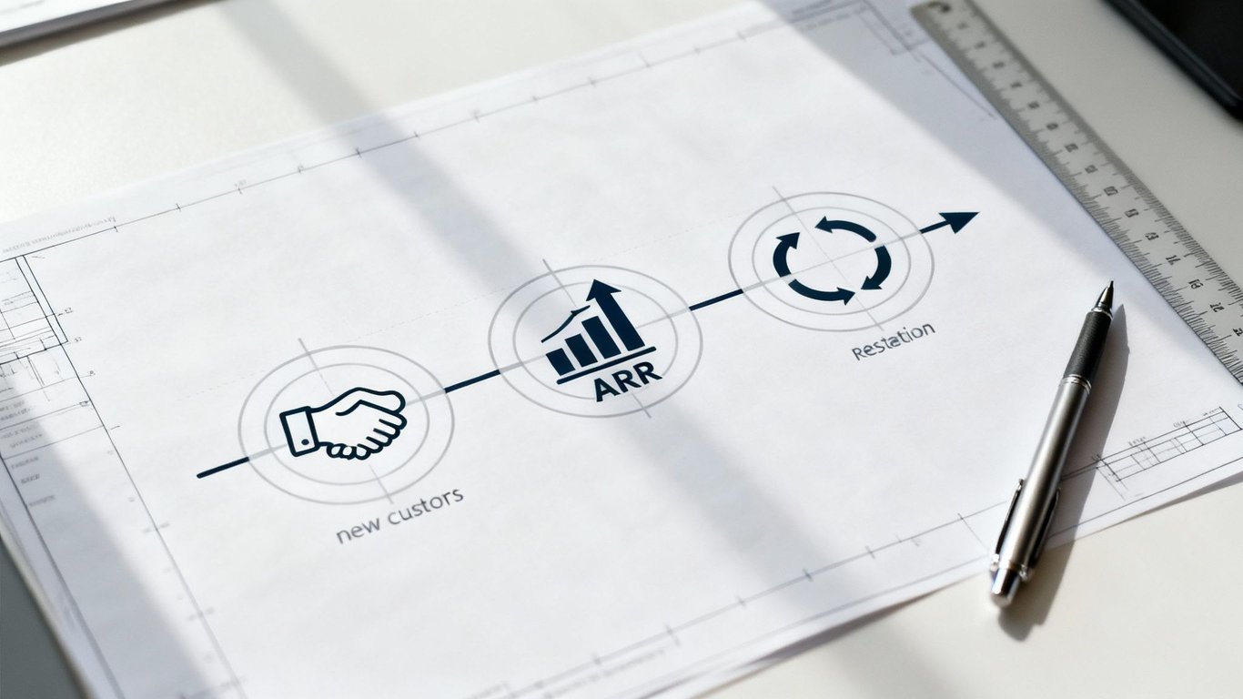 A business process diagram illustrating new customer acquisition, ARR growth, and customer retention stages.